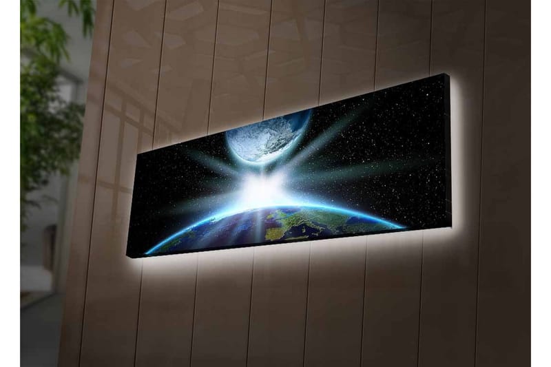 Lærredsbillede med LED-belysning - Jorden set fra rummet med lysstråler, der bryder gennem atmosfæren - Blå / Grøn / Sort - Boligtilbehør - Billeder & kunst - Billeder på lærred