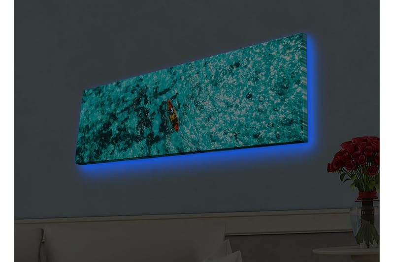 Lærredsbillede med LED-belysning - Kajakpadling over turkisblåt vand, Turkis / Mørkeblå / Rød