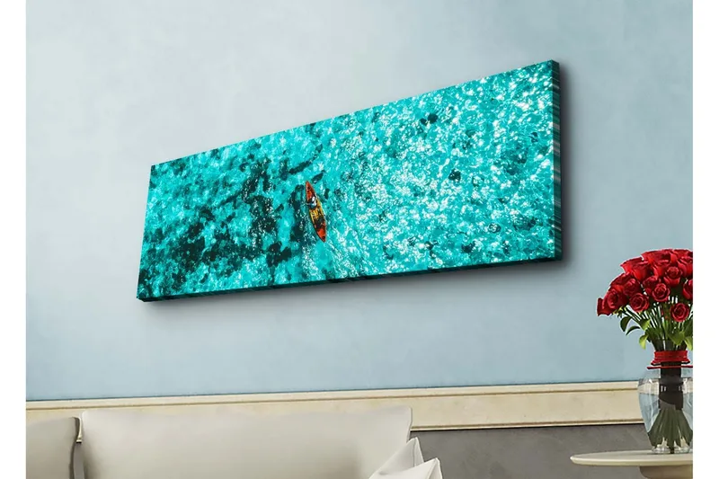 Lærredsbillede med LED-belysning - Kajakpadling over turkisblåt vand - Turkis / Mørkeblå / Rød - Boligtilbehør - Billeder & kunst - Billeder på lærred