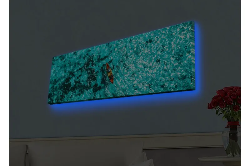 Lærredsbillede med LED-belysning - Kajakpadling over turkisblåt vand, Turkis / Mørkeblå / Rød