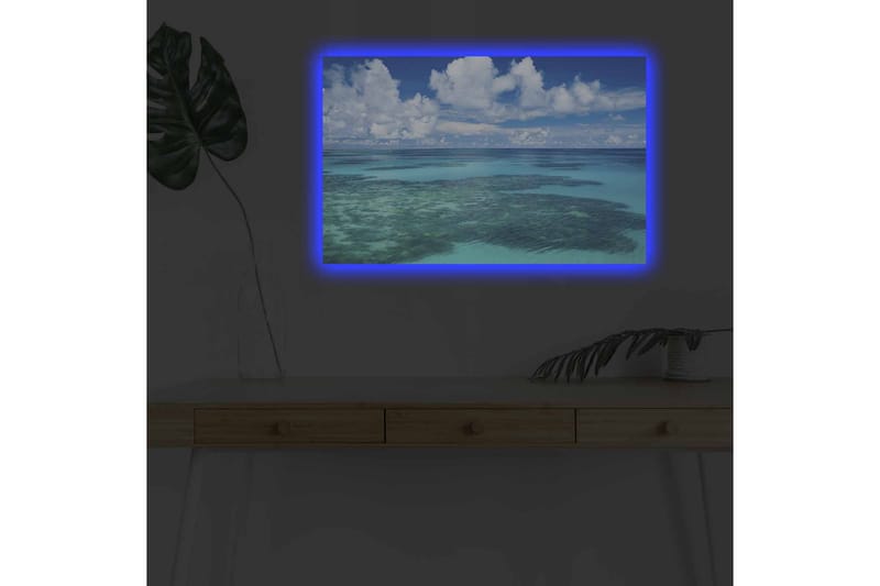 Lærredsbillede med LED-belysning - Klar blå havudsigt med koralrev og hvide skyer - Blå / Turkis / Hvid - Boligtilbehør - Billeder & kunst - Billeder på lærred