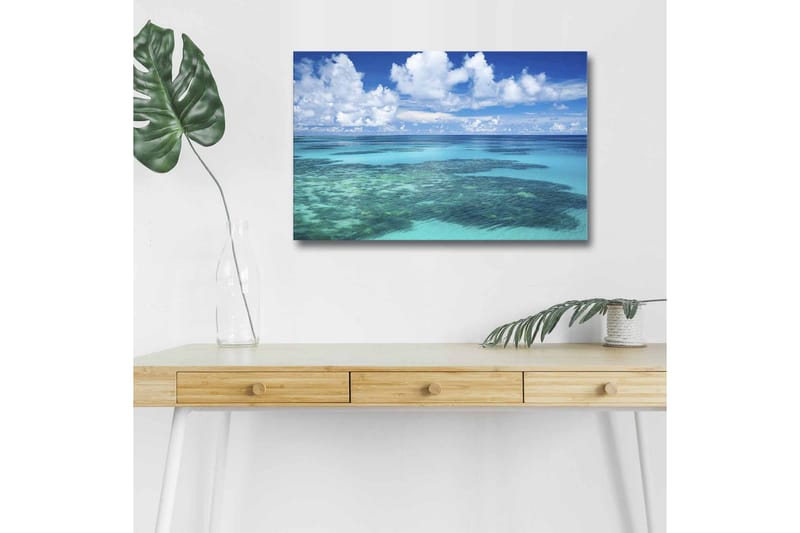 Lærredsbillede med LED-belysning - Klar blå havudsigt med koralrev og hvide skyer, Blå / Turkis / Hvid