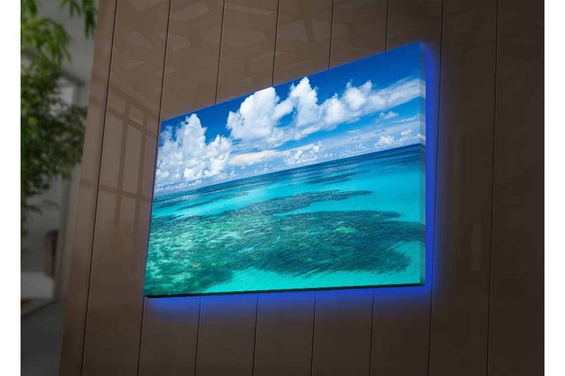 Lærredsbillede med LED-belysning - Klar blå havudsigt med koralrev og hvide skyer - Blå / Turkis / Hvid - Boligtilbehør - Billeder & kunst - Billeder på lærred