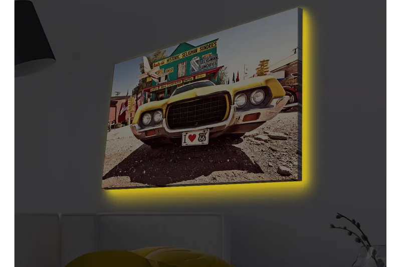 Lærredsbillede med LED-belysning - Klassisk amerikansk bil i retrostil - Gul / Grå / Sort - Boligtilbehør - Billeder & kunst - Billeder på lærred