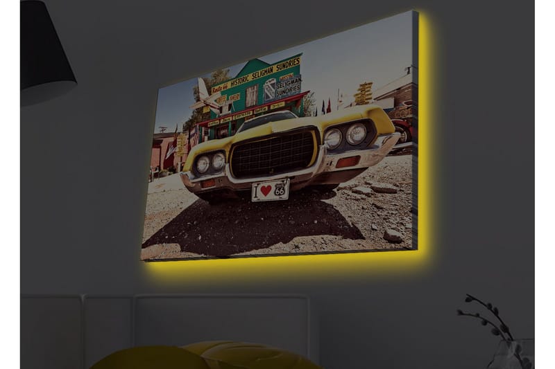 Lærredsbillede med LED-belysning - Klassisk amerikansk bil i retrostil - Gul / Grå / Sort - Boligtilbehør - Billeder & kunst - Billeder på lærred