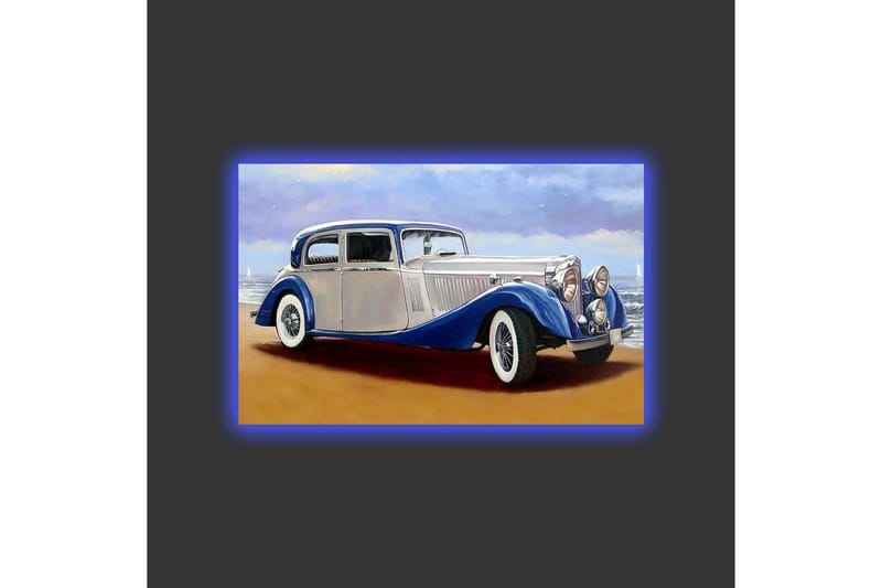 Lærredsbillede med LED-belysning - Klassisk bil ved havet med en dramatisk himmel i baggrunden - Blå / Sølv / Beige - Boligtilbehør - Billeder & kunst - Billeder på lærred