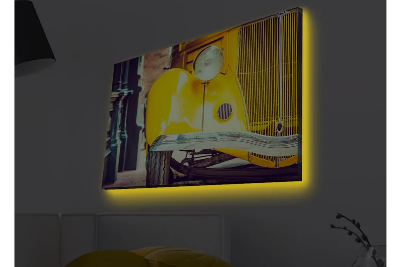 Lærredsbillede med LED-belysning - Klassisk gul bil med retrodesign, Gul / Sort / Grå