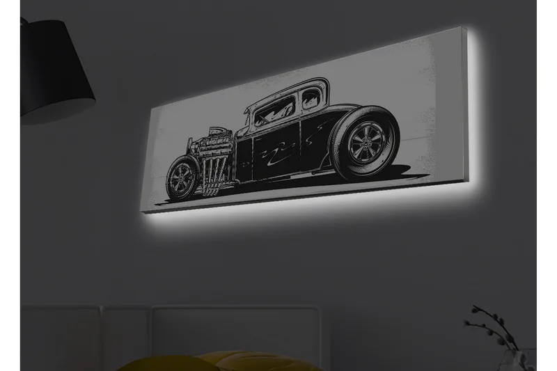 Lærredsbillede med LED-belysning - Klassisk hot rod-bil i sort-hvid, Sort / Hvid