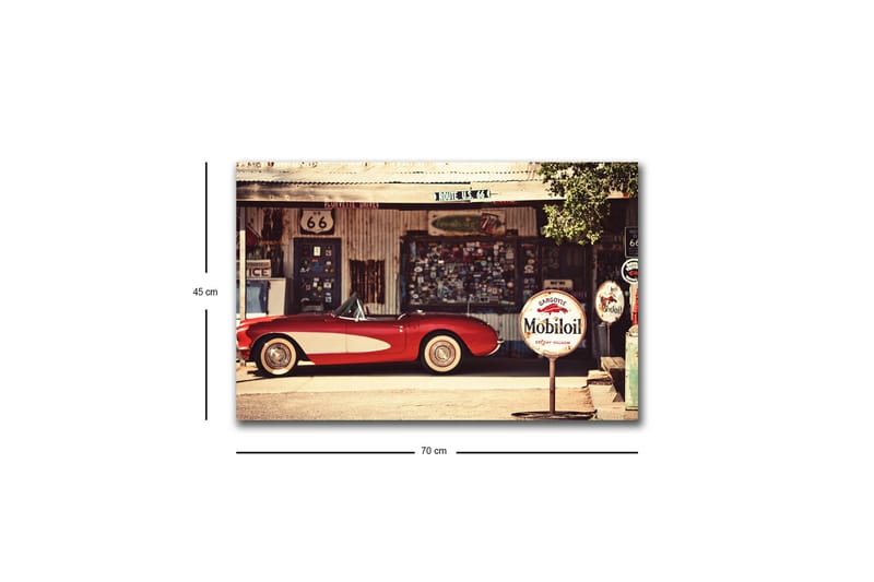 Lærredsbillede med LED-belysning - Klassisk rød sportsvogn foran en vintage tankstation - Rød / Grå / Hvid - Boligtilbehør - Billeder & kunst - Billeder på lærred