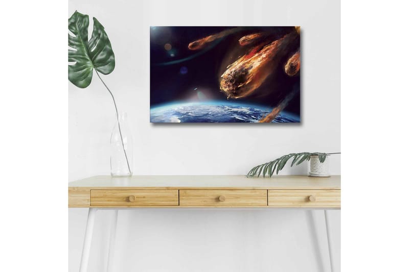 Lærredsbillede med LED-belysning - Komet rammer Jorden i en dramatisk rumscene - Mørkeblå / Orange / Grå - Boligtilbehør - Billeder & kunst - Billeder på lærred