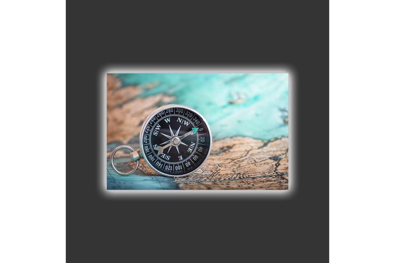 Lærredsbillede med LED-belysning - Kompas på et gammelt kort med et nautisk tema - Turkis / Brun / Sort - Boligtilbehør - Billeder & kunst - Billeder på lærred