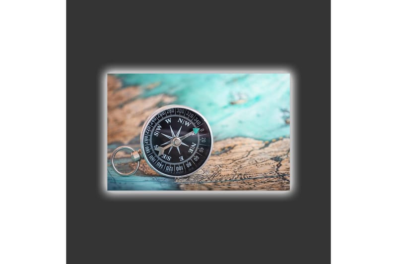 Lærredsbillede med LED-belysning - Kompas på et gammelt kort med et nautisk tema - Turkis / Brun / Sort - Boligtilbehør - Billeder & kunst - Billeder på lærred