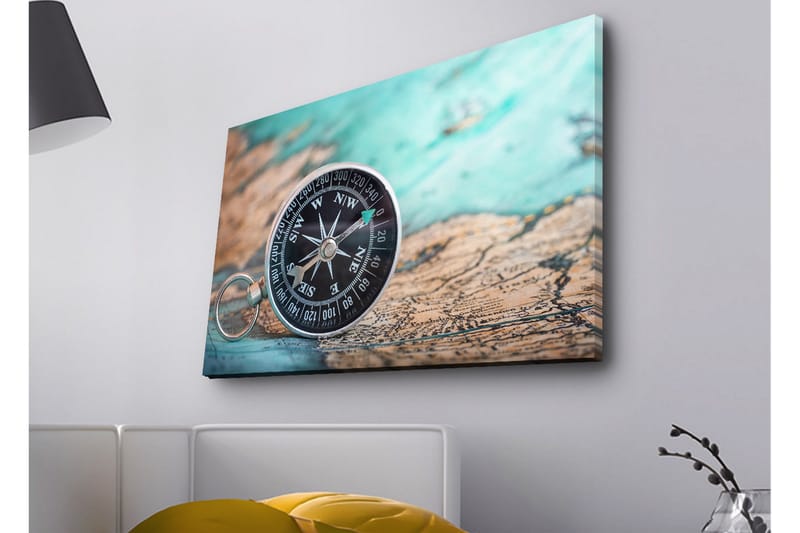 Lærredsbillede med LED-belysning - Kompas på et gammelt kort med et nautisk tema - Turkis / Brun / Sort - Boligtilbehør - Billeder & kunst - Billeder på lærred
