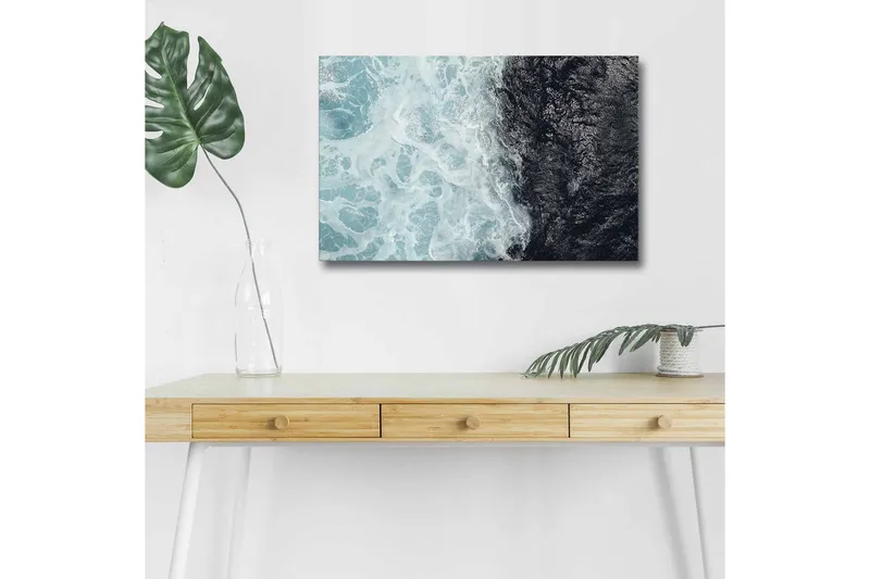 Lærredsbillede med LED-belysning - Kontrast mellem turkise bølger og dybsort havoverflade, Turkis / Sort