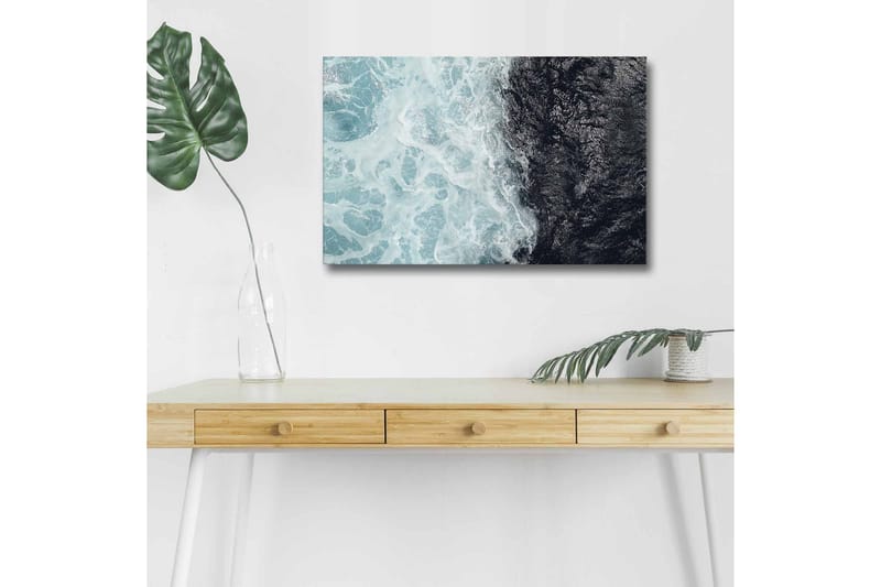 Lærredsbillede med LED-belysning - Kontrast mellem turkise bølger og dybsort havoverflade, Turkis / Sort