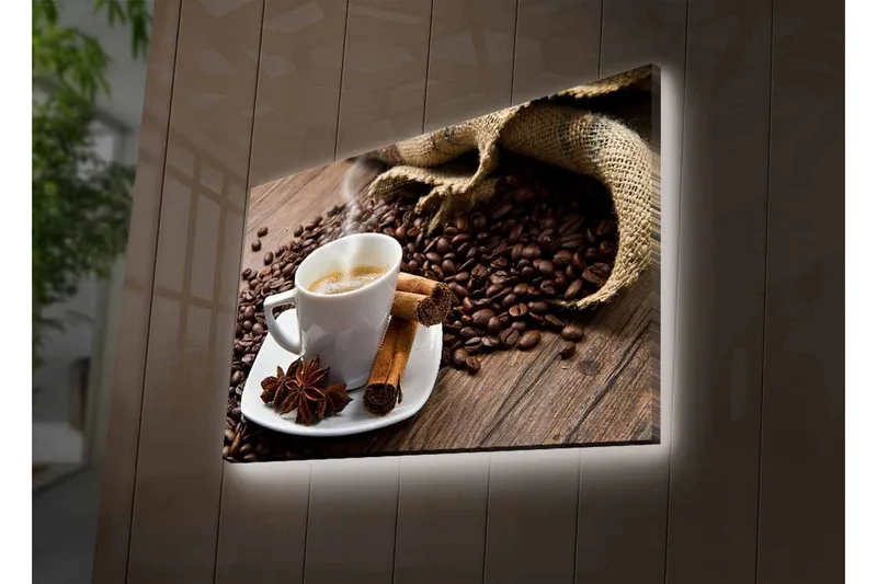 Lærredsbillede med LED-belysning - Kop dampende kaffe omgivet af kaffebønner og krydderier - Brun / Hvid / Beige - Boligtilbehør - Billeder & kunst - Billeder på lærred