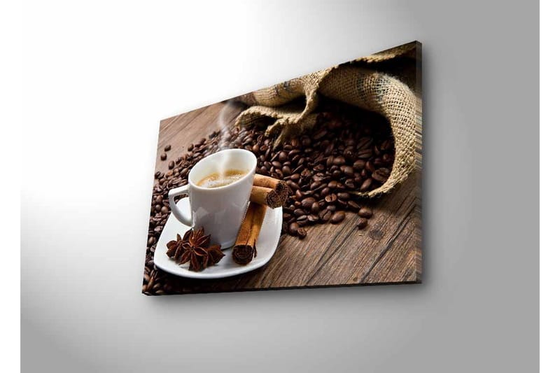 Lærredsbillede med LED-belysning - Kop dampende kaffe omgivet af kaffebønner og krydderier - Brun / Hvid / Beige - Boligtilbehør - Billeder & kunst - Billeder på lærred