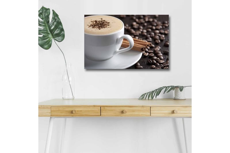 Lærredsbillede med LED-belysning - Kop kaffe og kanelstænger på en baggrund af kaffebønner - Brun / Hvid / Beige - Boligtilbehør - Billeder & kunst - Billeder på lærred