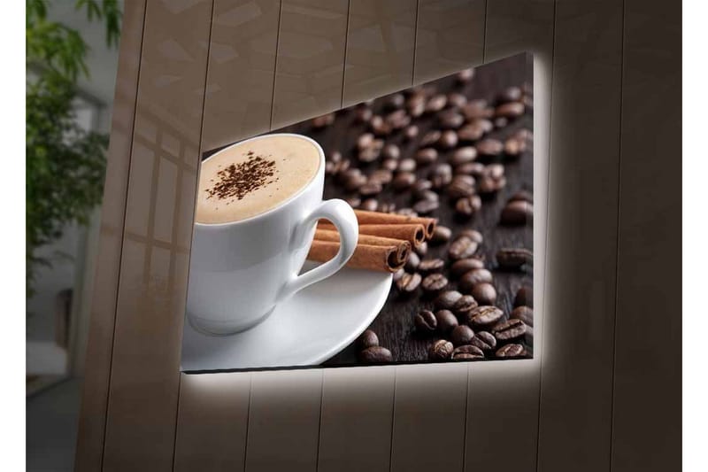 Lærredsbillede med LED-belysning - Kop kaffe og kanelstænger på en baggrund af kaffebønner - Brun / Hvid / Beige - Boligtilbehør - Billeder & kunst - Billeder på lærred