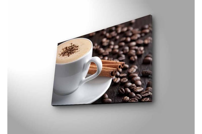 Lærredsbillede med LED-belysning - Kop kaffe og kanelstænger på en baggrund af kaffebønner - Brun / Hvid / Beige - Boligtilbehør - Billeder & kunst - Billeder på lærred