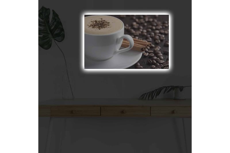 Lærredsbillede med LED-belysning - Kop kaffe og kanelstænger på en baggrund af kaffebønner - Brun / Hvid / Beige - Boligtilbehør - Billeder & kunst - Billeder på lærred