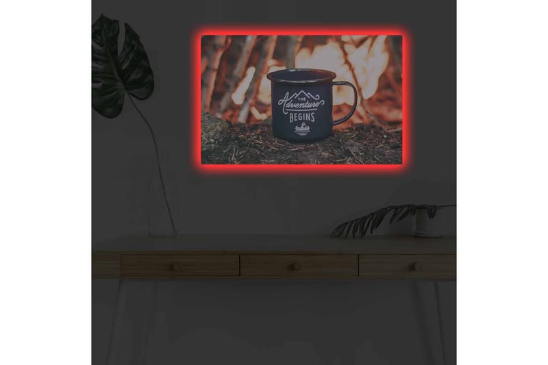Lærredsbillede med LED-belysning - Kop med tekst og bjerglandskab i baggrunden - Mørkeblå / Orange / Grøn - Boligtilbehør - Billeder & kunst - Billeder på lærred