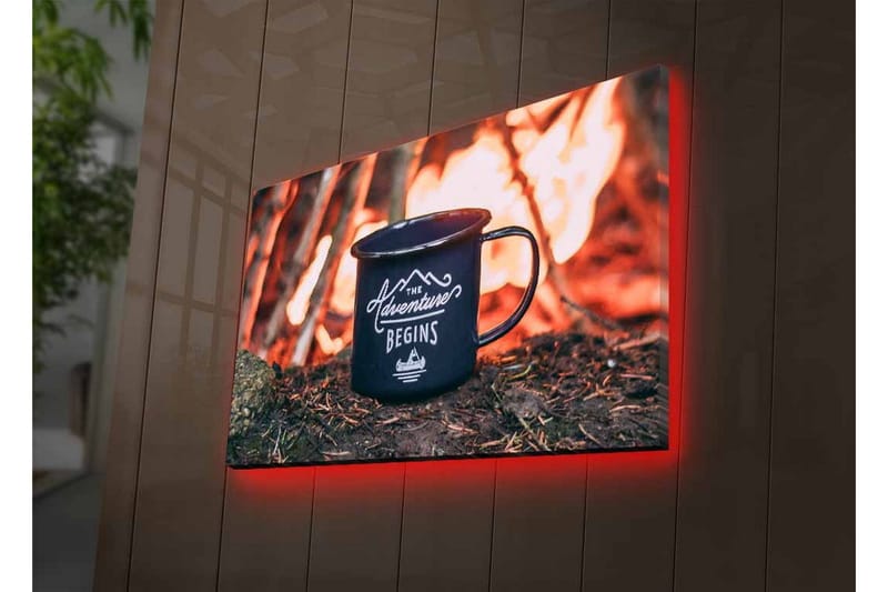 Lærredsbillede med LED-belysning - Kop med tekst og bjerglandskab i baggrunden - Mørkeblå / Orange / Grøn - Boligtilbehør - Billeder & kunst - Billeder på lærred