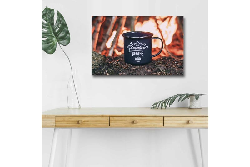 Lærredsbillede med LED-belysning - Kop med tekst og bjerglandskab i baggrunden, Mørkeblå / Orange / Grøn