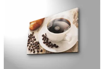 Lærredsbillede med LED-belysning - Kop sort kaffe og kaffebønner på et bord - Sort / Brun / Hvid - Boligtilbehør - Billeder & kunst - Billeder på lærred
