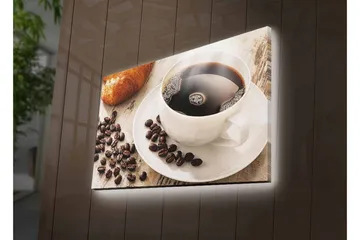 Lærredsbillede med LED-belysning - Kop sort kaffe og kaffebønner på et bord - Sort / Brun / Hvid - Boligtilbehør - Billeder & kunst - Billeder på lærred