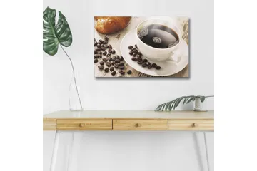 Lærredsbillede med LED-belysning - Kop sort kaffe og kaffebønner på et bord - Sort / Brun / Hvid - Boligtilbehør - Billeder & kunst - Billeder på lærred