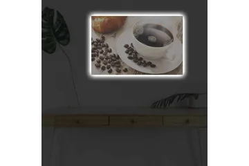 Lærredsbillede med LED-belysning - Kop sort kaffe og kaffebønner på et bord - Sort / Brun / Hvid - Boligtilbehør - Billeder & kunst - Billeder på lærred