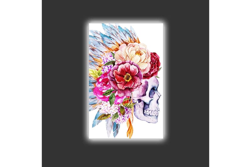 Lærredsbillede med LED-belysning - Kranie dekoreret med farverige blomster og fjer - Lilla / Lyserød / Grøn - Boligtilbehør - Billeder & kunst - Billeder på lærred