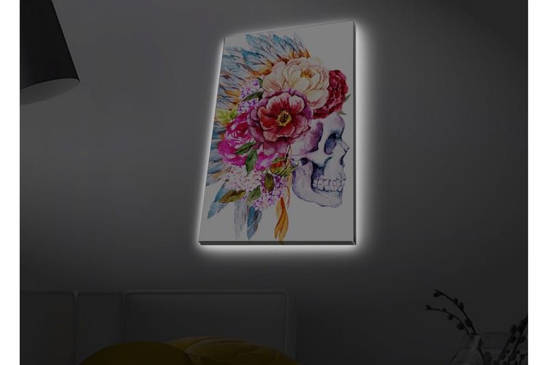 Lærredsbillede med LED-belysning - Kranie dekoreret med farverige blomster og fjer - Lilla / Lyserød / Grøn - Boligtilbehør - Billeder & kunst - Billeder på lærred