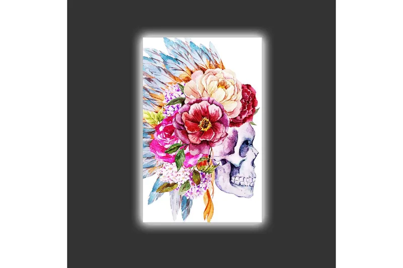 Lærredsbillede med LED-belysning - Kranie dekoreret med farverige blomster og fjer - Lilla / Lyserød / Grøn - Boligtilbehør - Billeder & kunst - Billeder på lærred