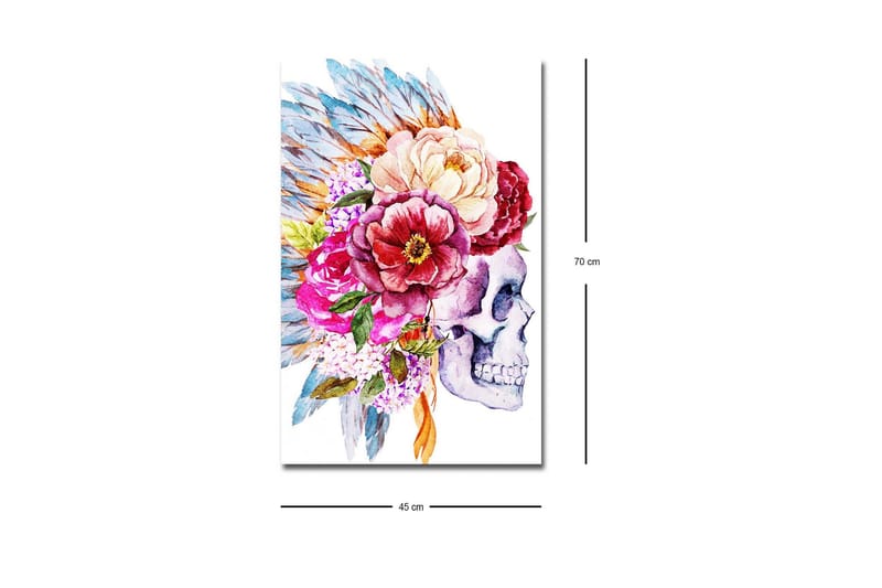 Lærredsbillede med LED-belysning - Kranie dekoreret med farverige blomster og fjer - Lilla / Lyserød / Grøn - Boligtilbehør - Billeder & kunst - Billeder på lærred