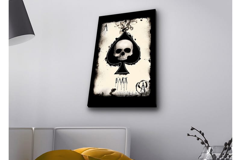 Lærredsbillede med LED-belysning - Kranie i spadeform med mørke elementer, Sort / Hvid / Grå