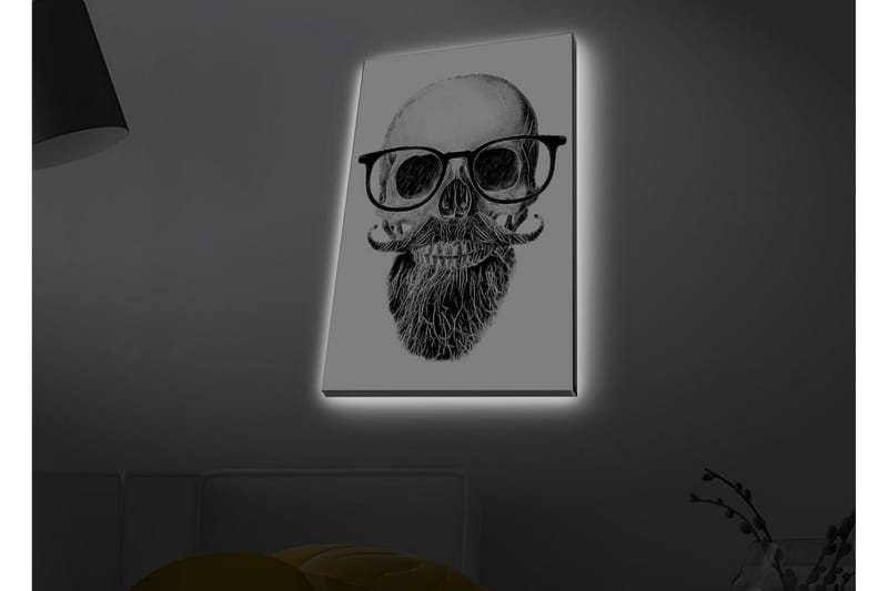 Lærredsbillede med LED-belysning - Kranie med briller og overskæg - Sort / Grå / Hvid - Boligtilbehør - Billeder & kunst - Billeder på lærred