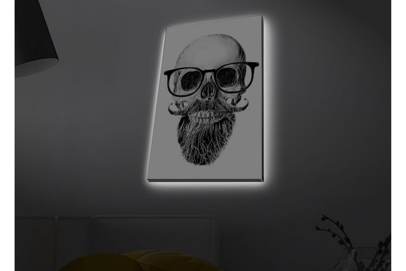 Lærredsbillede med LED-belysning - Kranie med briller og overskæg - Sort / Grå / Hvid - Boligtilbehør - Billeder & kunst - Billeder på lærred