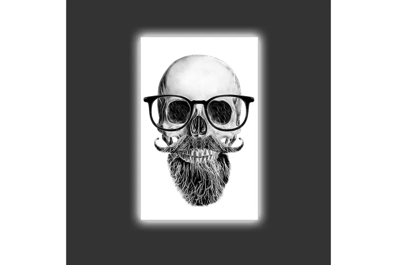 Lærredsbillede med LED-belysning - Kranie med briller og overskæg - Sort / Grå / Hvid - Boligtilbehør - Billeder & kunst - Billeder på lærred