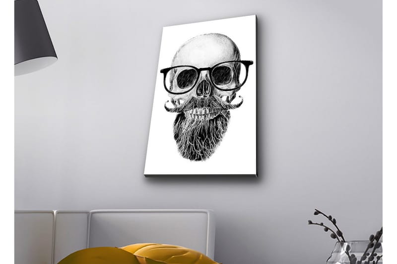 Lærredsbillede med LED-belysning - Kranie med briller og overskæg, Sort / Grå / Hvid