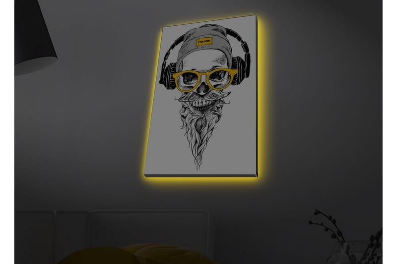 Lærredsbillede med LED-belysning - Kranie med hovedtelefoner og briller i moderne stil, Sort / Gul / Grå