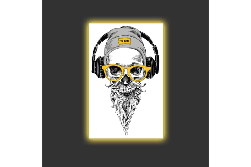 Lærredsbillede med LED-belysning - Kranie med hovedtelefoner og briller i moderne stil - Sort / Gul / Grå - Boligtilbehør - Billeder & kunst - Billeder på lærred