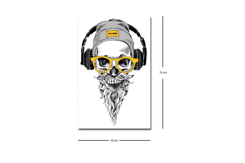 Lærredsbillede med LED-belysning - Kranie med hovedtelefoner og briller i moderne stil - Sort / Gul / Grå - Boligtilbehør - Billeder & kunst - Billeder på lærred