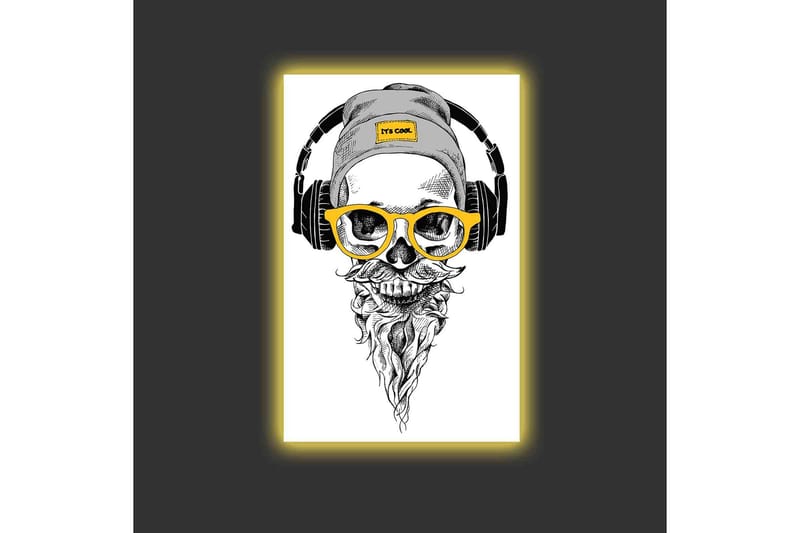Lærredsbillede med LED-belysning - Kranie med hovedtelefoner og briller i moderne stil - Sort / Gul / Grå - Boligtilbehør - Billeder & kunst - Billeder på lærred