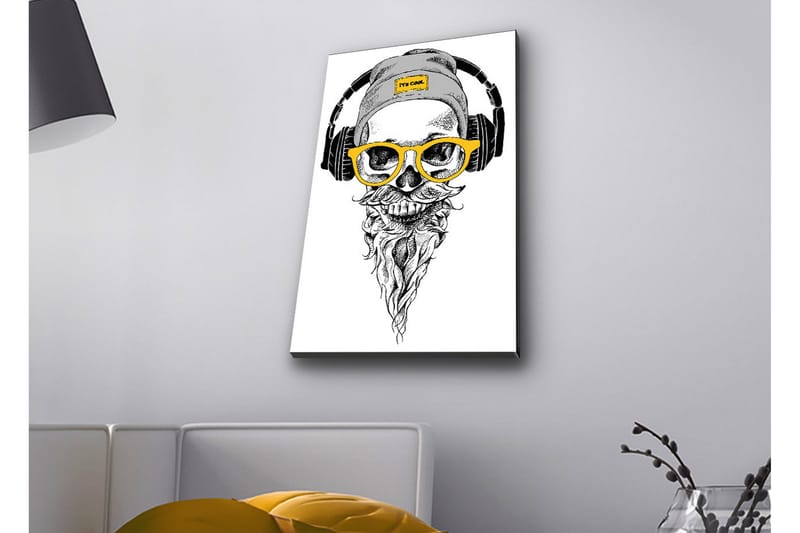 Lærredsbillede med LED-belysning - Kranie med hovedtelefoner og briller i moderne stil - Sort / Gul / Grå - Boligtilbehør - Billeder & kunst - Billeder på lærred
