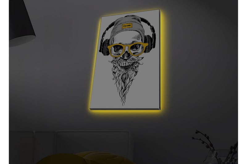 Lærredsbillede med LED-belysning - Kranie med hovedtelefoner og briller i moderne stil, Sort / Gul / Grå