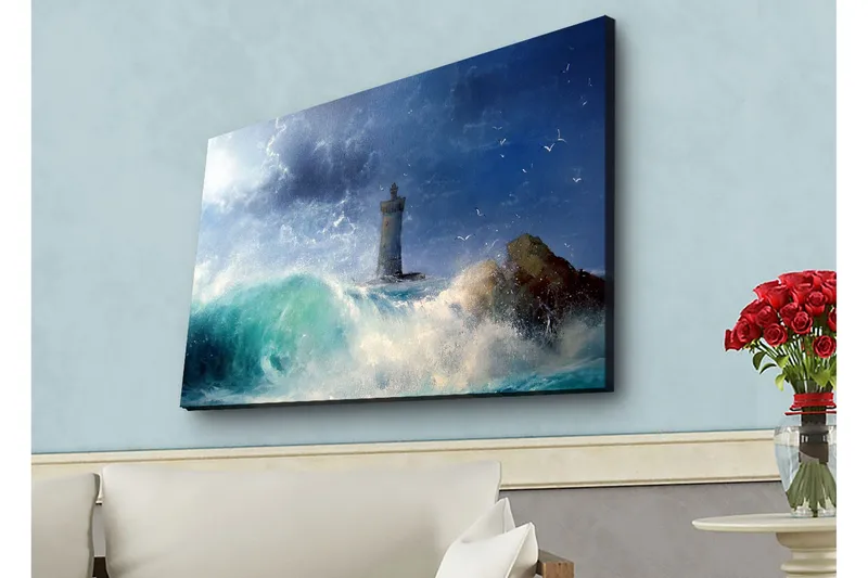 Lærredsbillede med LED-belysning - Kystlandskab med et fyrtårn omgivet af stærke bølger, Mørkeblå / Turkis / Hvid