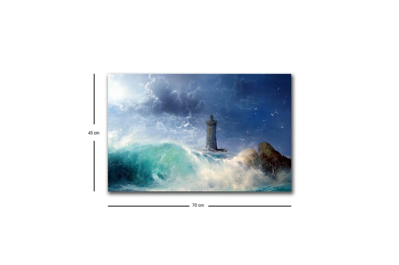 Lærredsbillede med LED-belysning - Kystlandskab med et fyrtårn omgivet af stærke bølger - Mørkeblå / Turkis / Hvid - Boligtilbehør - Billeder & kunst - Billeder på lærred