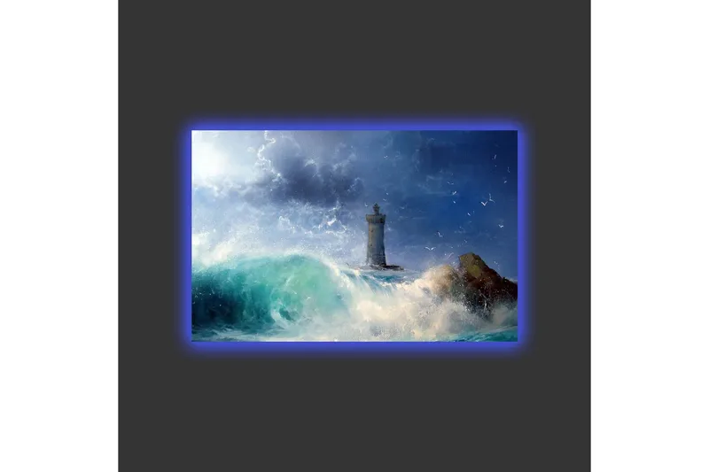 Lærredsbillede med LED-belysning - Kystlandskab med et fyrtårn omgivet af stærke bølger - Mørkeblå / Turkis / Hvid - Boligtilbehør - Billeder & kunst - Billeder på lærred